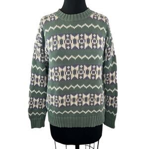 VINTAGE GAP Chunky Knit Fair Isle Crew Sweater Green White Purple Size Small S